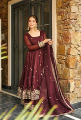 Attractive Maroon Silk Sequence Work Designer Gown